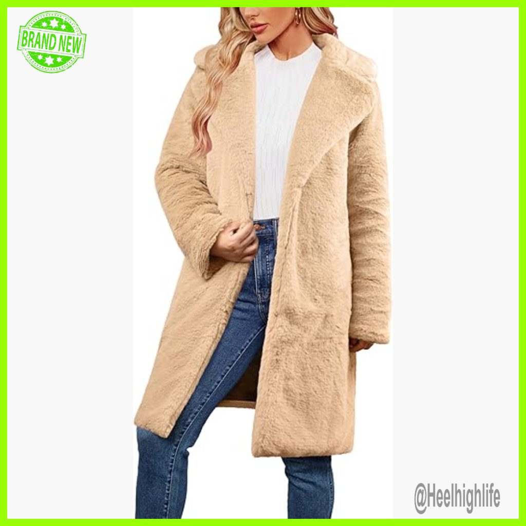 Long Faux Fur Coat With Lapel Collar, Pockets, And Quilted Lining
